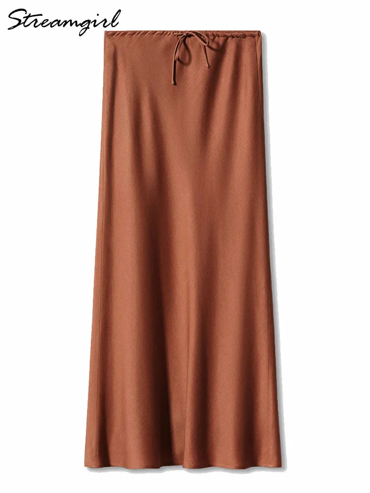 Streamgirl A Line Long Satin Skirts For Women Black 2024 Elegant High