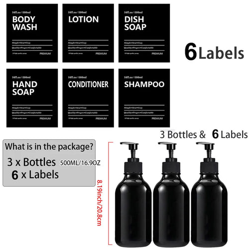 3 Pack 500ml Soap Dispenser With Labels Kitchen Bathroom Shampoo