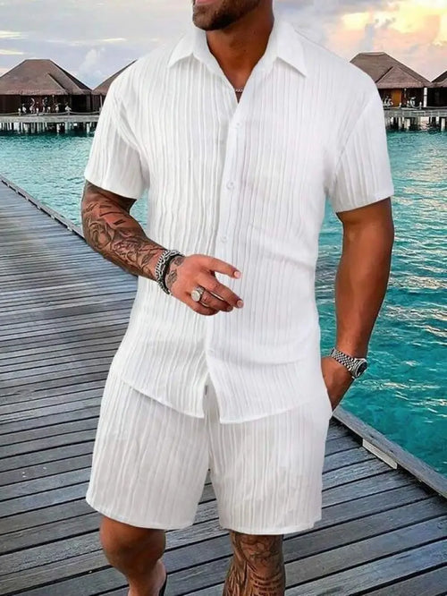 Men's beach suit striped solid color short sleeve shorts shirt Sports