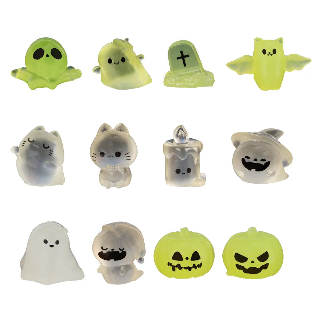12pcs Mini Luminous Figure Mini Cat Ghost Pumpkin Bat Skull Candle Glow in Dark Micro Landscape Miniatures for Holiday Halloween