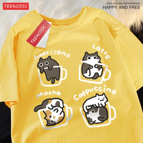 Cat Coffee Pure Cotton Trendy Summer Loose Short Sleeved T-shirt Men
