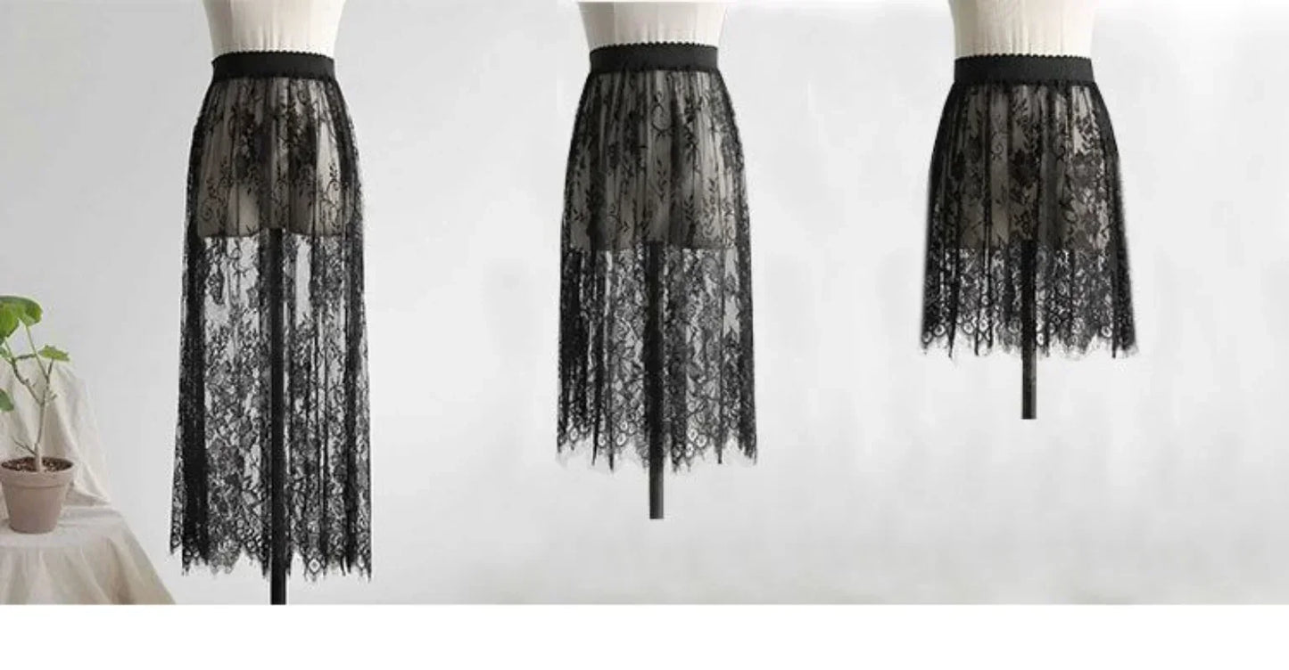 2 Length Elegant Black Skirt White Lace Transparent Long Tulle Skirt