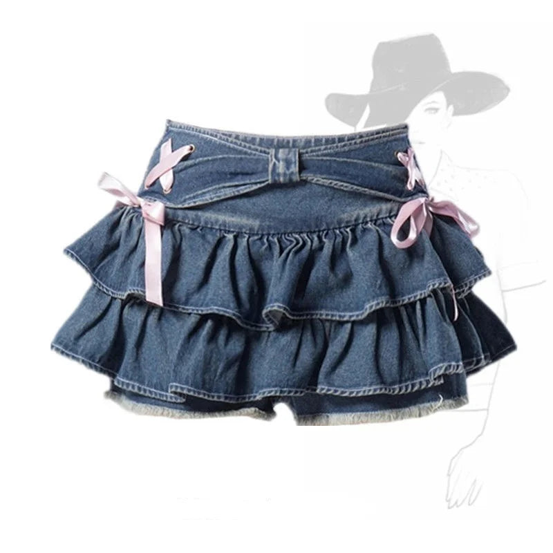 Blue Denim Pleated Skirt Bow Fold Design Women's A-line Short Skirt