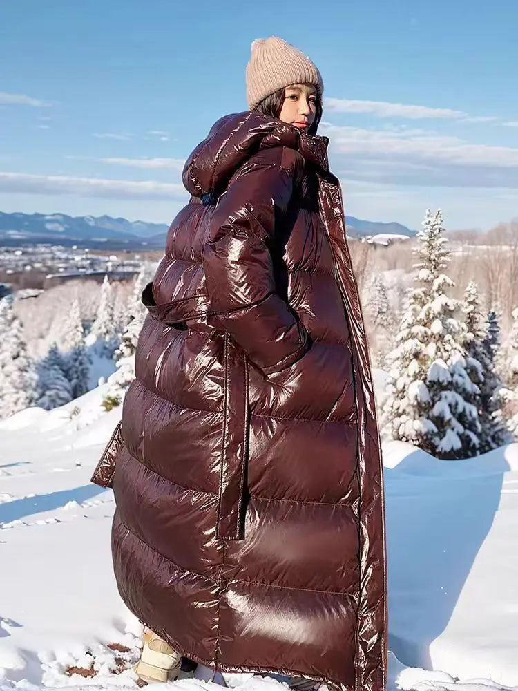 With Belt Women's Winter Down Jacket Long Puffer Coat White Duck Thick
