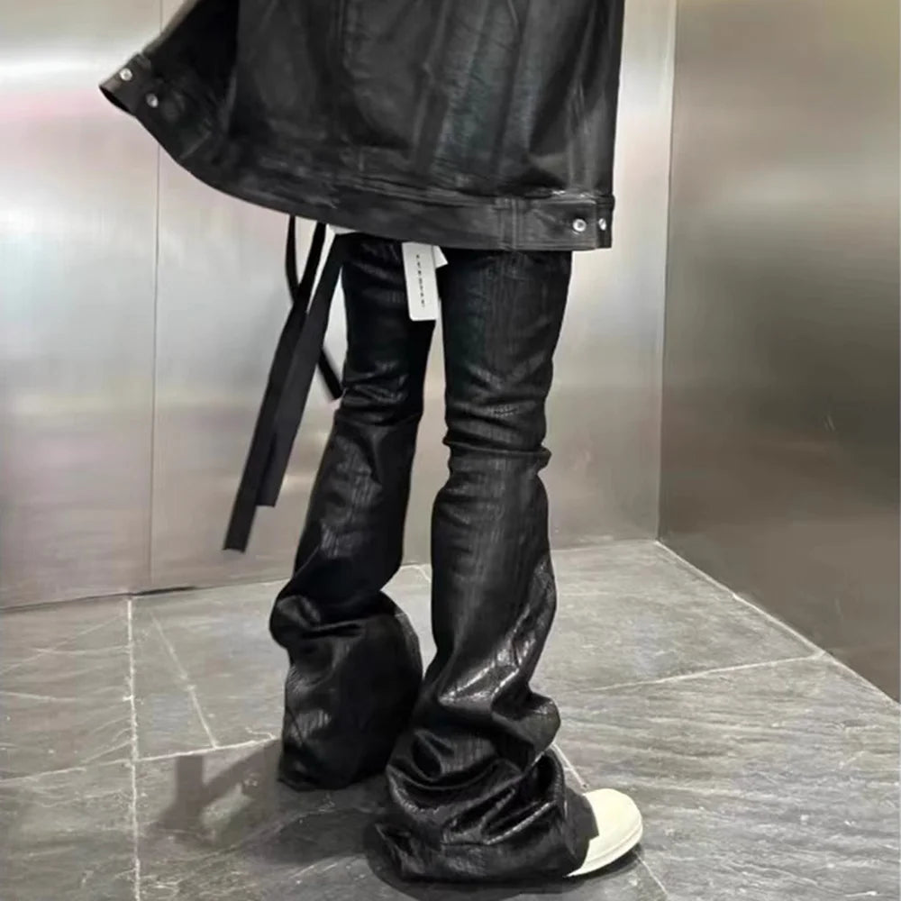 Streetwear Black Wax Leather Strecth Jeans for Men Ropa Hombre Baggy