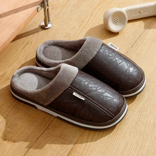 Big Size Winter Casual Men's Slippers Indoor Waterproof PU Leather