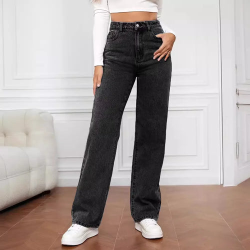 Women's new dark blue wide leg straight jeans slimming all-match
