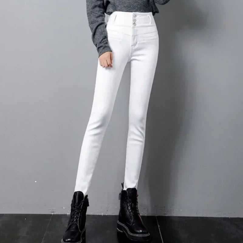 S-5XL Plus Velvet White Jeans Women High Waisted Skinny Leggings Long