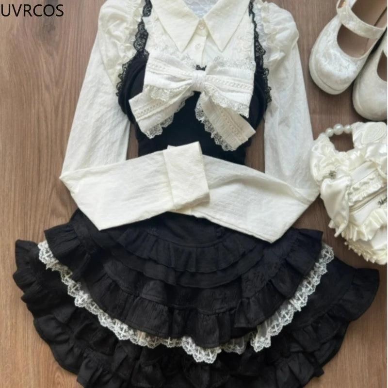 Y2k Aesthetic Lolita Style 3 Piece Set Women Kawaii White Shirt Bow