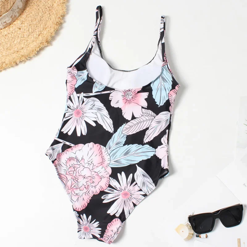 Sexy High Cut Women's Swimsuit Vintage Print One Piece Swimwear Women