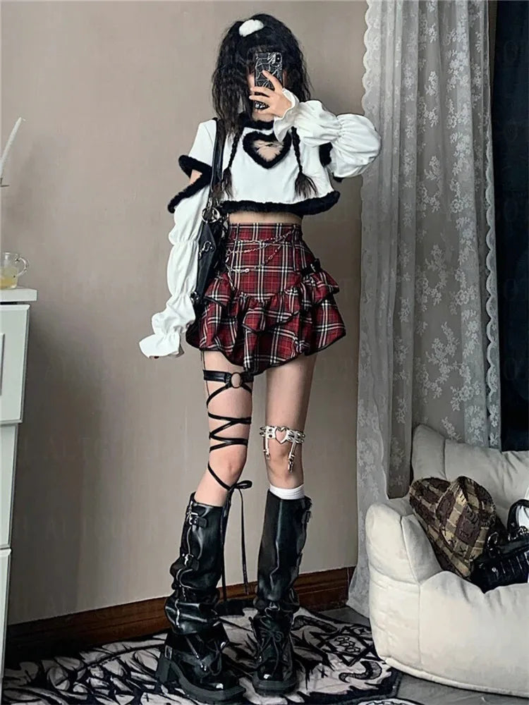 AltGoth Punk Gothic Red Plaid Skirt Women Vintage Y2k E-girl Emo Alt