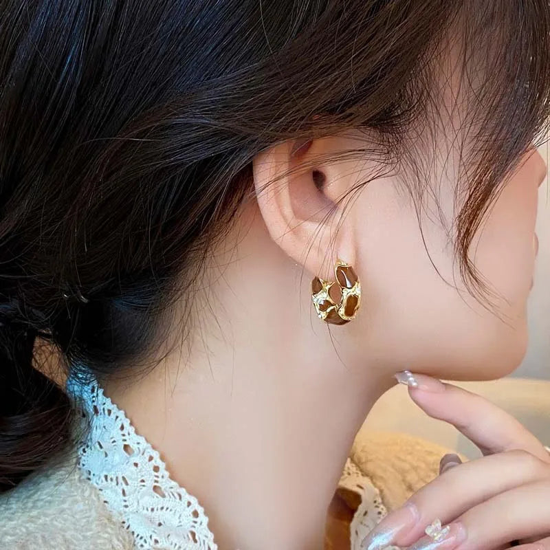 New Trendy Enamel Color Metal Texture Small Hoop Earrings for Women