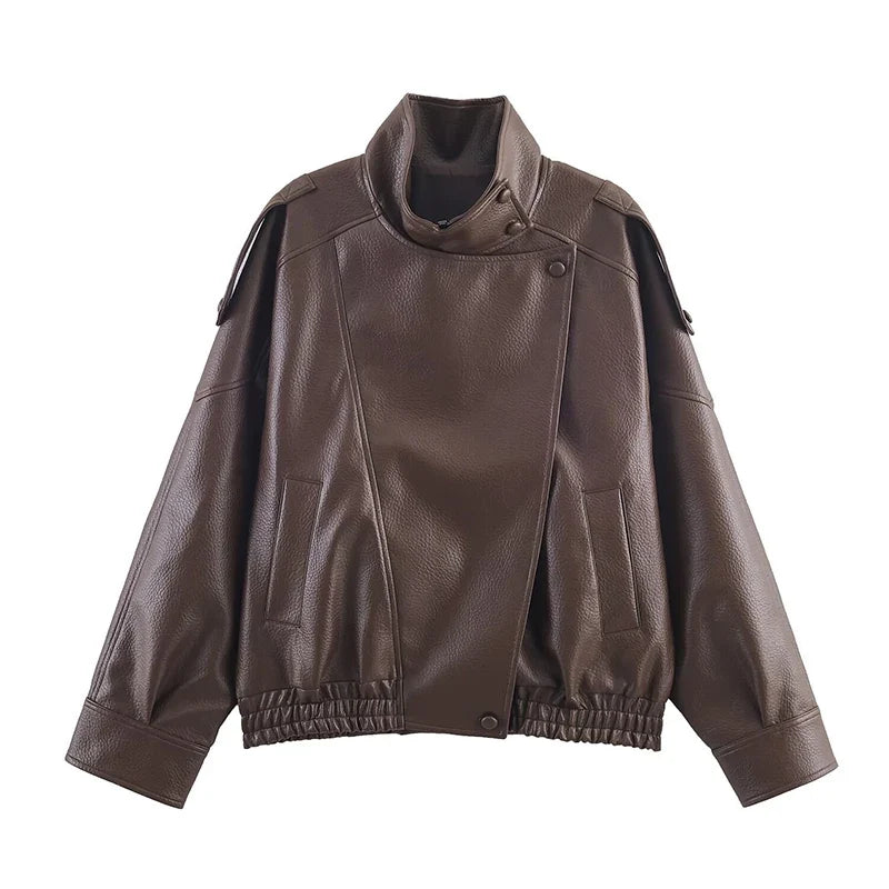 Street Stand Collar Women's Leather Jacket Loose Long Sleeve Zipper Pockets Chic Female Coats 2025 Autumn Winter Lady Outerwear