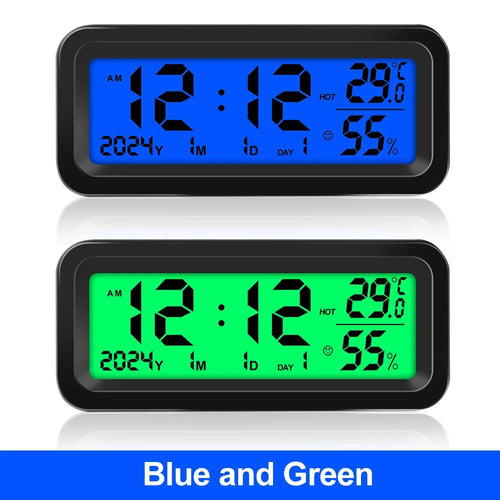 Solar Car Clocks Dashboard Thermometer Automotive Electronic Watch Led