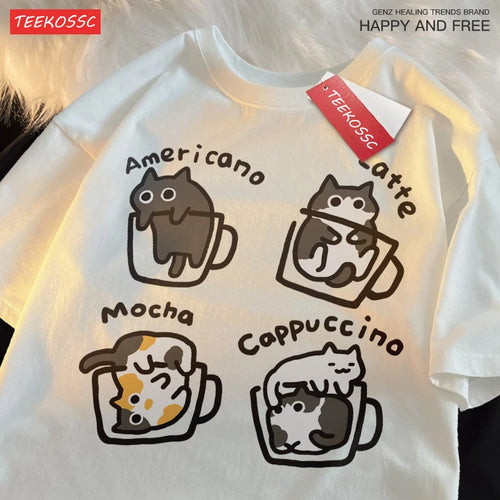 Cat Coffee Pure Cotton Trendy Summer Loose Short Sleeved T-shirt Men