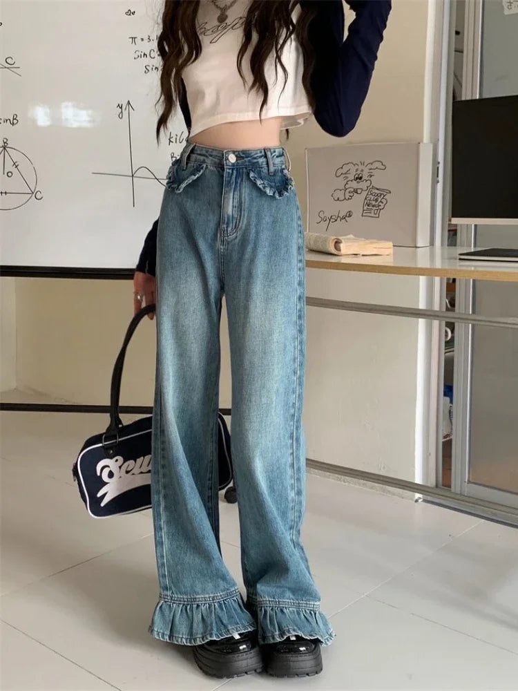 S-4XL Flare Jeans Women Baggy Washed Vintage Harajuku Streetwear Full