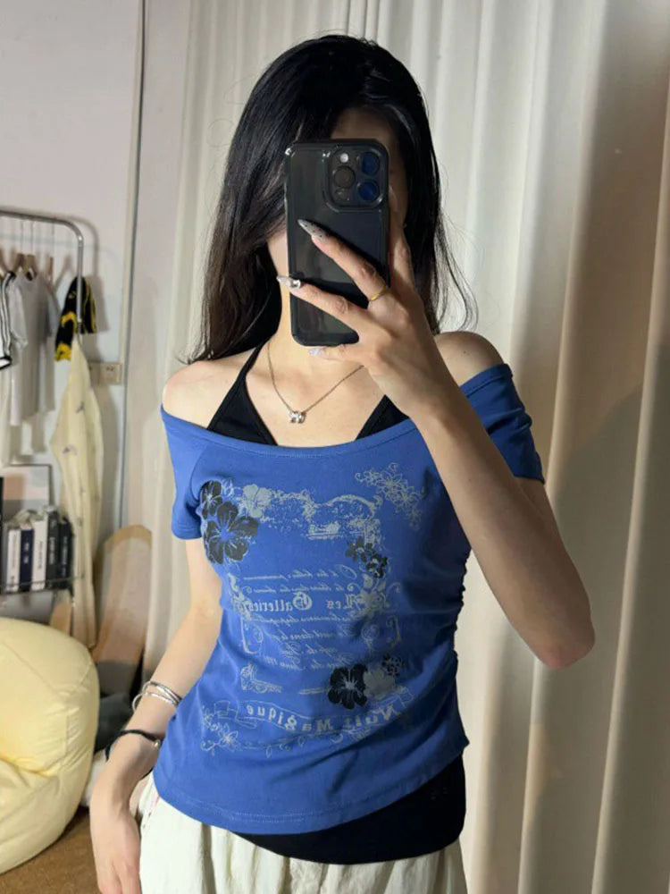 Vintage Fake Two Piece Halter Lace Up T-shirts Y2k Slim Fit Print Tops