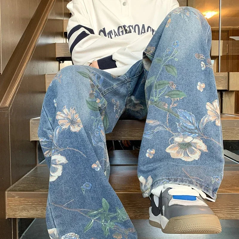 Autumn Floral Printed Jeans For Men 2024 New Y2K Vintage Denim Pants