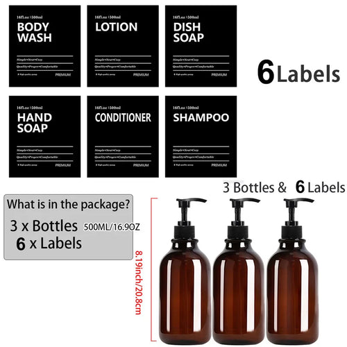 3 Pack 500ml Soap Dispenser With Labels Kitchen Bathroom Shampoo