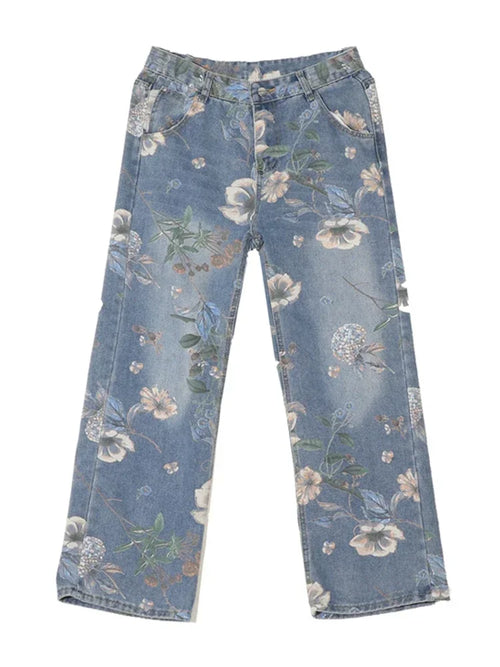 Autumn Floral Printed Jeans For Men 2024 New Y2K Vintage Denim Pants