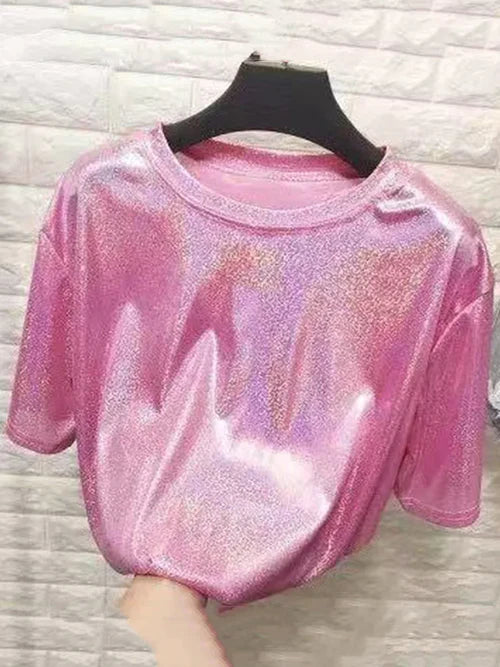 summer woman tops shiny loose short sleeve t-shirt sexy club aesthetic