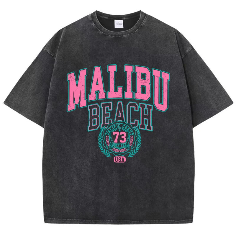 Malibu Beach Washed T-Shirt Women Letter Printing Cotton T Shirt
