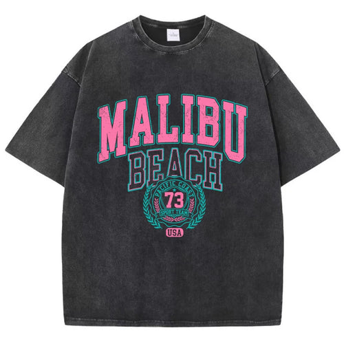 Malibu Beach Washed T-Shirt Women Letter Printing Cotton T Shirt