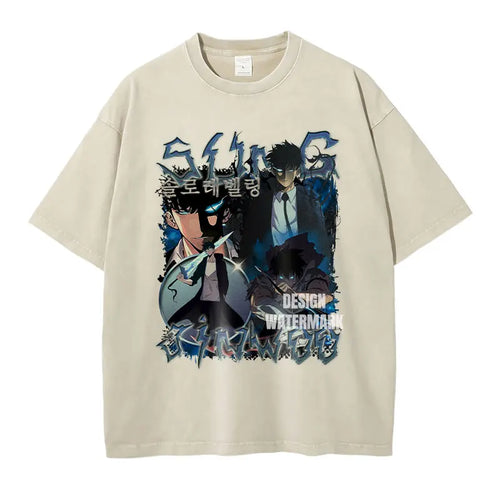Anime S-Solo L-Leveling Shirts Vintage Washed Sung Jin-Woo T-shirt