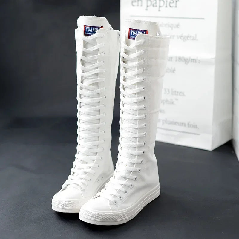 Canvas Long Boots for Women High Top Women Canvas Shoes Lace Up Knee