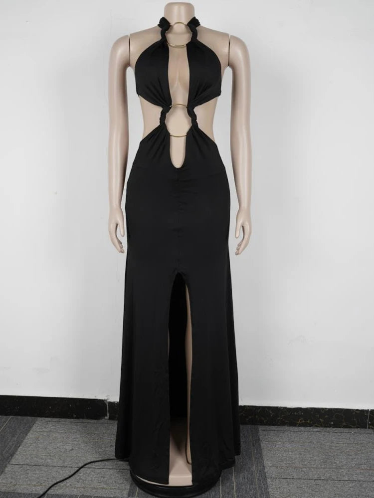 Kricesseen Sexy Cut-Out O-Rings Metal Ruched Maxi Dress Holiday Outfits Womens Lace-Up Bandage Party Dresses Night Out Vestidos