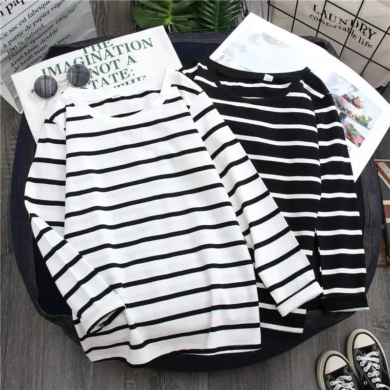 1PC Spring and Autumn Winter Black Striped Top with Foreign Style Ins