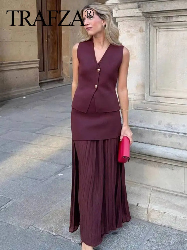 TRAFZA 2024 Women Skirt Set Wine Red Knitted V-Neck Sleeveless Slim