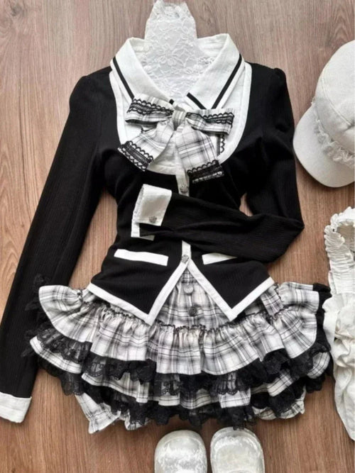 Vintage 3 Piece Skirt Suit Women Kawaii Ruffles Cardigan Outwear