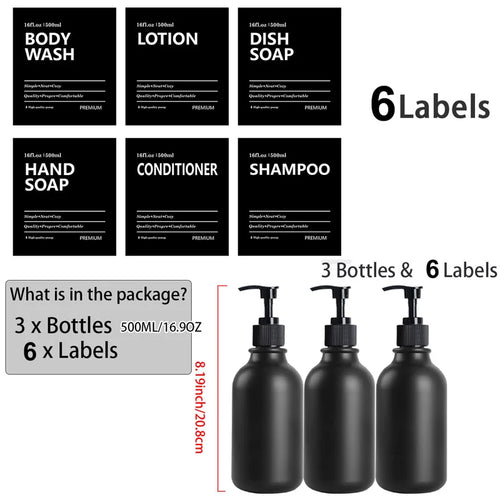 3 Pack 500ml Soap Dispenser With Labels Kitchen Bathroom Shampoo