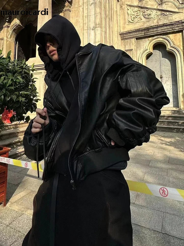 Mauroicardi Autumn Winter Oversized Cool Black Thickened Warm Pu
