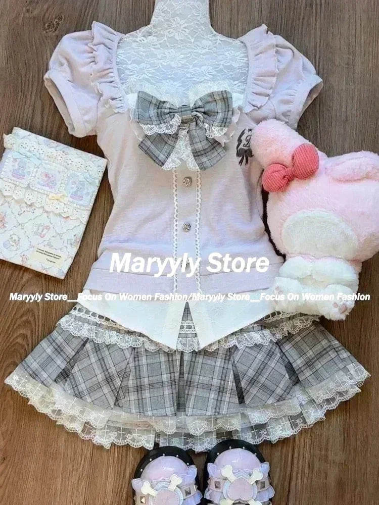 Japanese Sweet Preppy Style Skirt Set Women Kawaii Lace Patchwork Bow