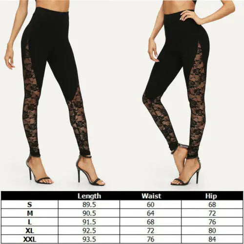 Sexy High-Waist Black Lace Tight Pencil Pants Women Ladies Patchwork