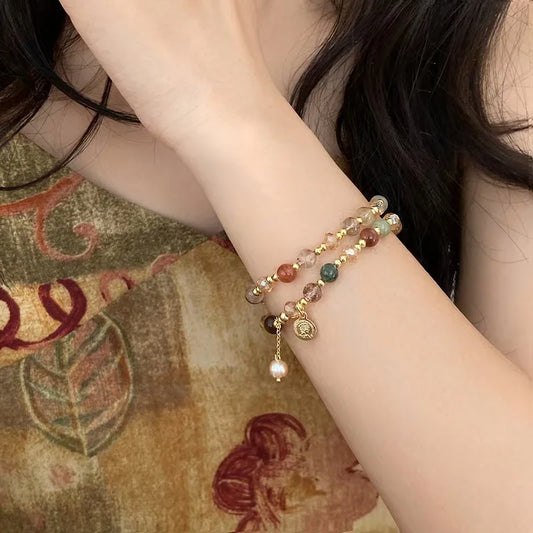 Double Crystal Beaded Bracelet Women Light Luxury Vintage Stacking