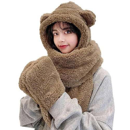 SIMPLEJEWEL™ Women Cute Bear Hoodie Hat Scarf Gloves Set 3-in-1