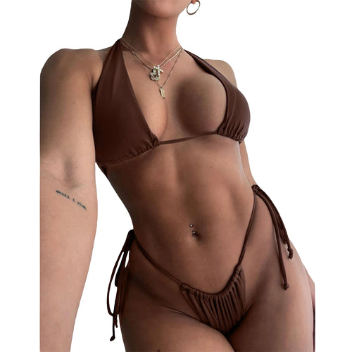 Fashion Women’s Sexy Two Piece Bikini Suits Solid Color Halter Tops