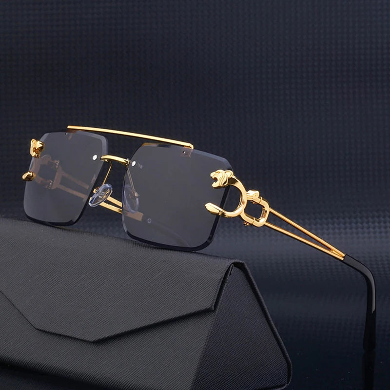 Fashion Metal Leopard Rimless Sunglasses Double Bridges Gradient Ocean