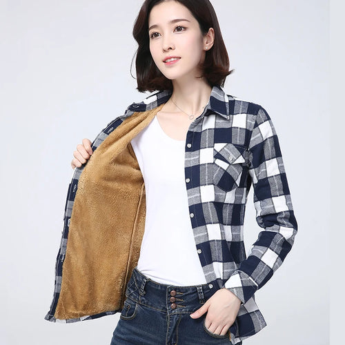 2023 Winter New Plus Thick Women's Warm Plaid Shirt Coat Lady Casual