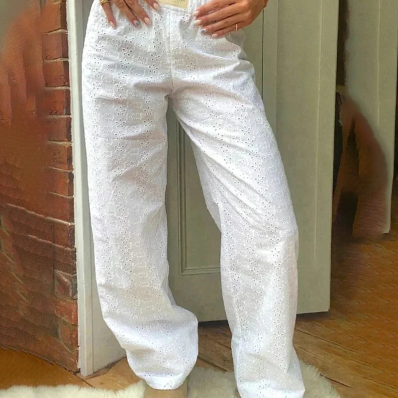 New Trendy Striped Print Long Pant Women Elastic Waist Drawstring Wide