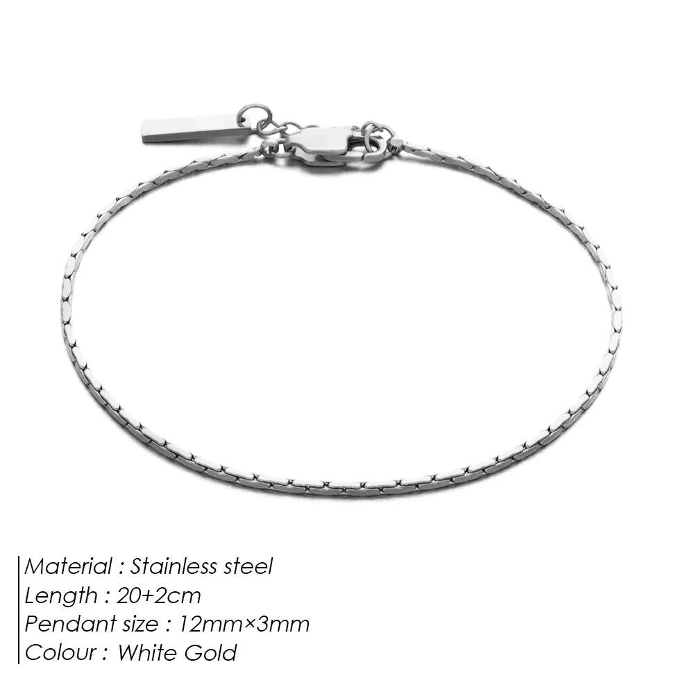 eManco 1.3MM Hammered Wire Chain White Gold Bracelet Simple Men's No Color Loss Waterproof Hand Jewelry