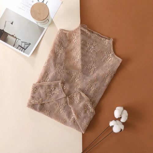 Sexy Women Mesh T-Shirts Transparent Lace Blouse Long Sleeve See