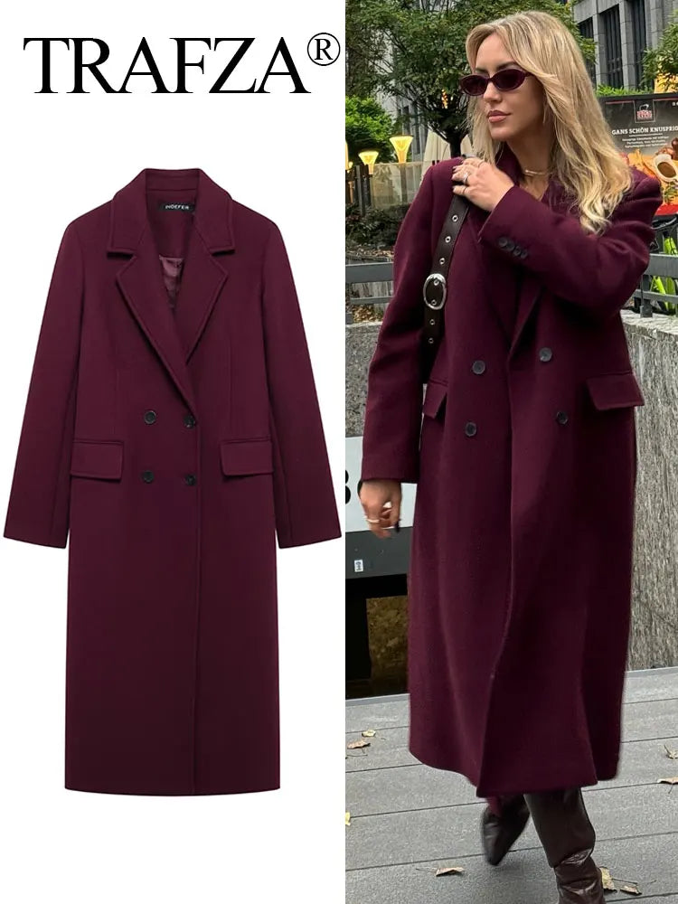 TRAFZA Women Fashion Burgundy Woolen Coat Double Breasted Long Sleeve