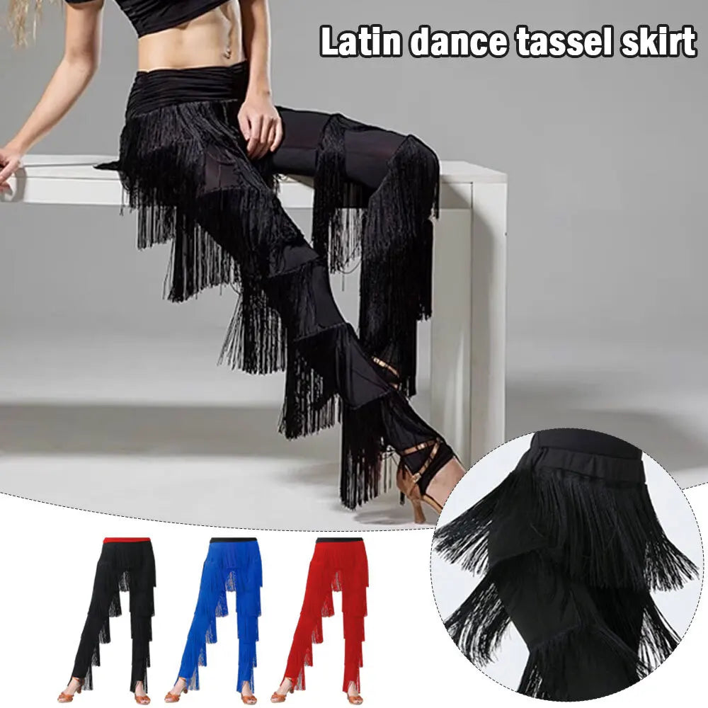 Womens Dancewear Elastic Waistband Tassel Latin Dance Pants Tango
