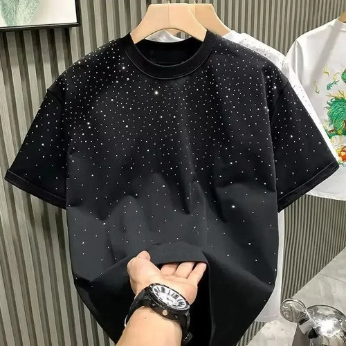 Summer Men Clothing Summer Rhinestone Rivet T-shirt Round Neck Casual