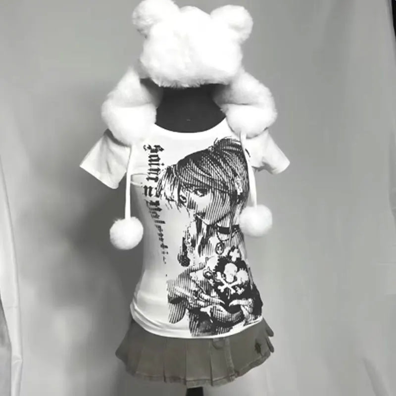 Y2k anime Streetwear O-neck 90s Text Printing Tops Women Harajuku