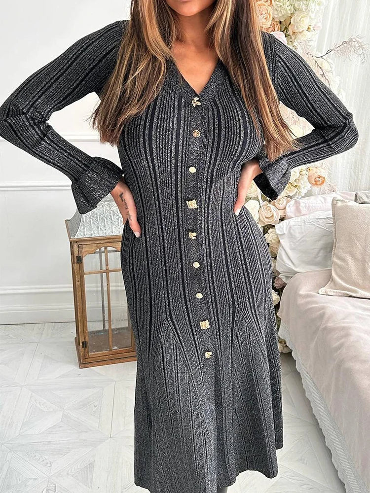 Elegant Single-breasted Knitted Dress Deep V-neckline Women’s Long